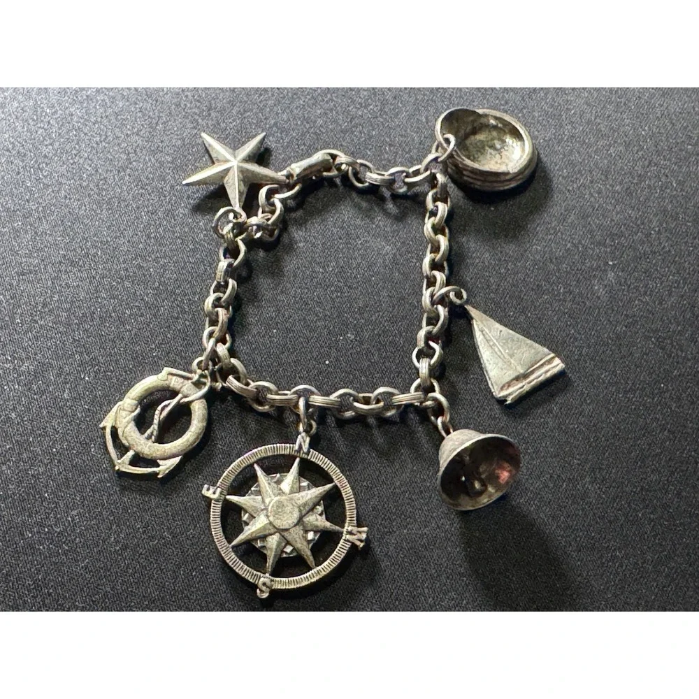 Vintage Coro Nautical Charm Bracelet Silver Tone Compass Anchor Sailboat 6.5in
